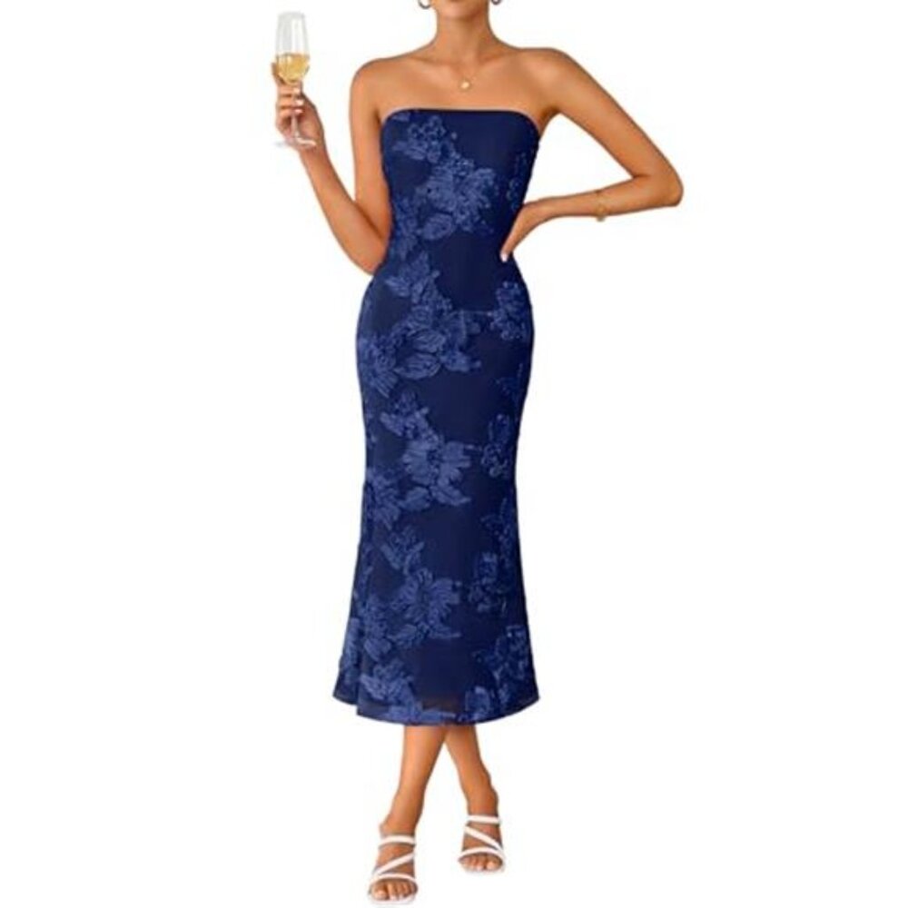 Women's Summer Strapless Floral Midi Dress Bodycon Mesh Tube Dress